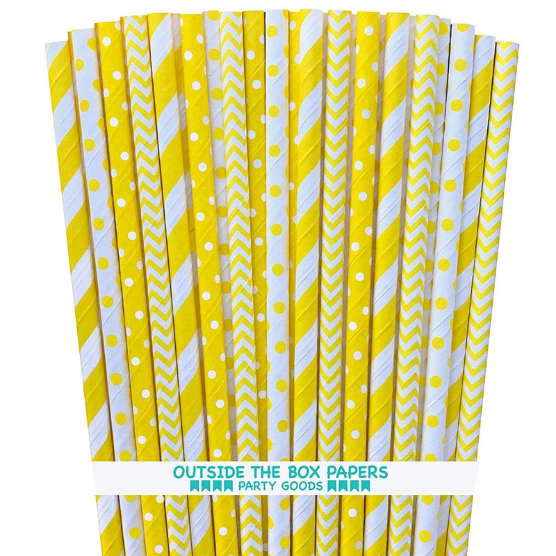 Outside the Box Papers Yellow and White Paper Straws - Stripe Chevron Polka Dot - 7.75 Inches - Pack of 100 - Outside the Box Papers Brand - Image 1